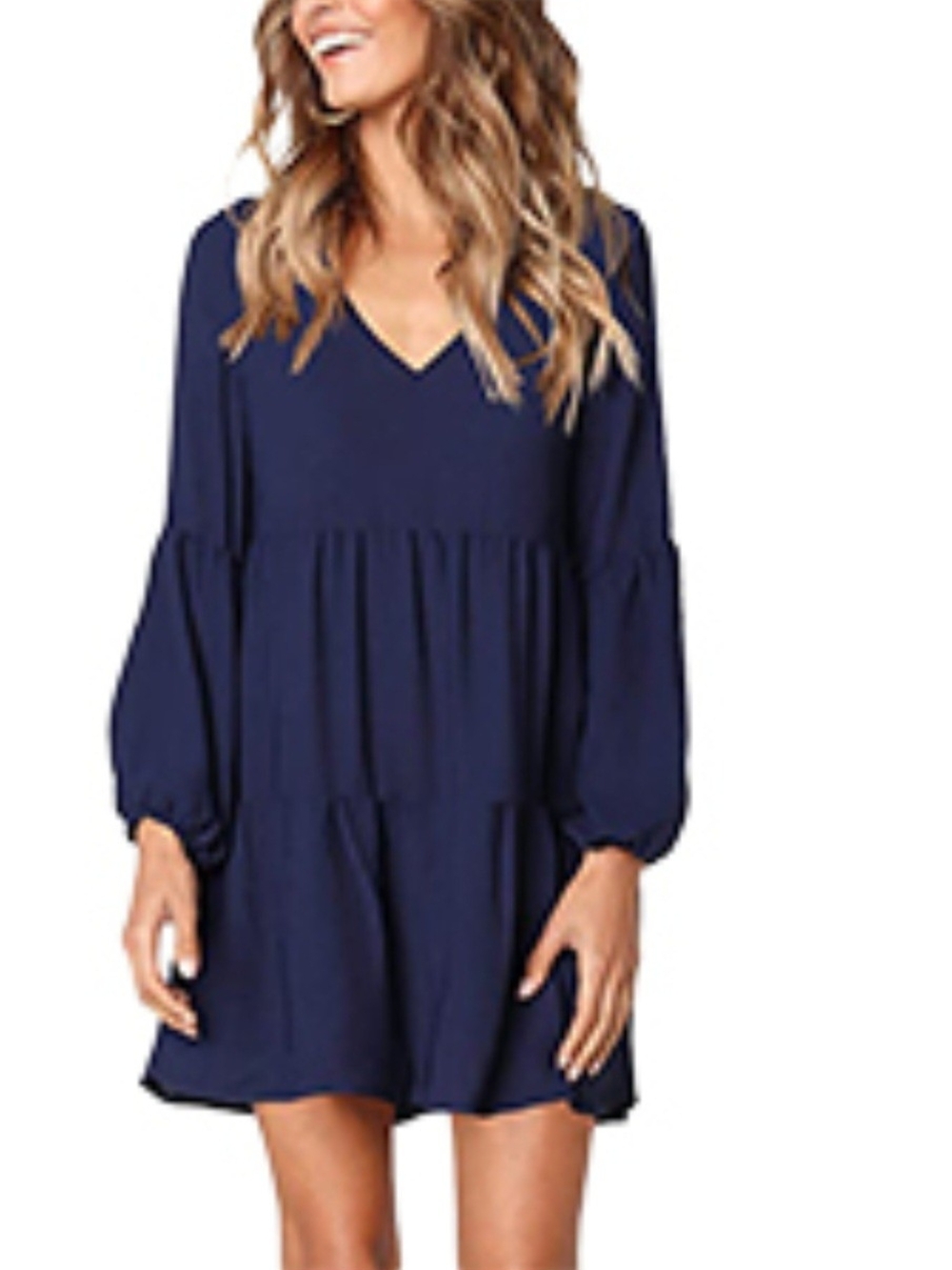 Boutique V-Neck Long Sleeve Navy Babydoll Dress Loose Fit Size Small